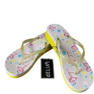 dELiA*s Pink Flamingo Colorful Bling Summer Flip Flops Size 8 NWT